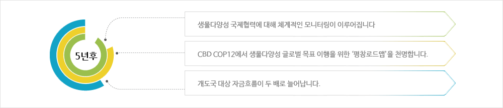 생물다양성 국제협력의 활성화 이미지입니다. 5년후 / 생물다양성 국제협력에 대해 체계적인 모니터링이 이루어집니다. / CBD COP12에서 생물다양성 글로벌 목표 이행을 위한 평창로드맵을 천명합니다. / 개도국 대상 자금흐름이 두배로 늘어납니다.